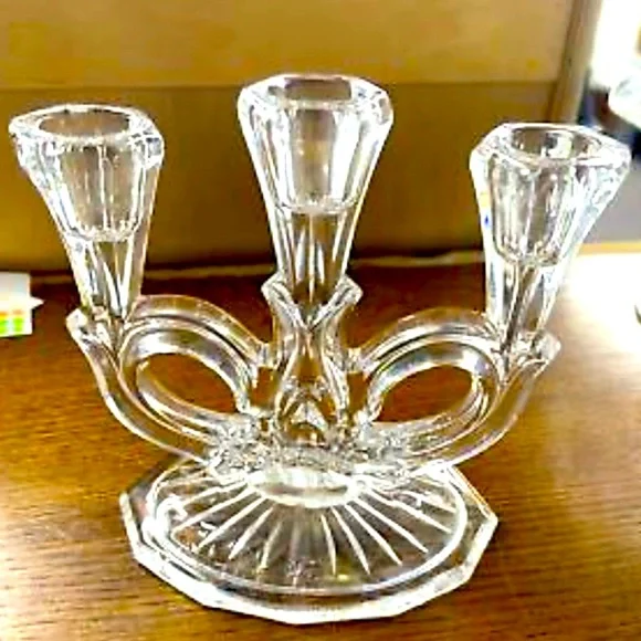 Vintage Bayer Lead Crystal Clear Triple Candle Stick Holder Elegant Design - Picture 1 of 6